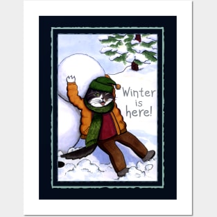 Cat boy making a snowman Posters and Art